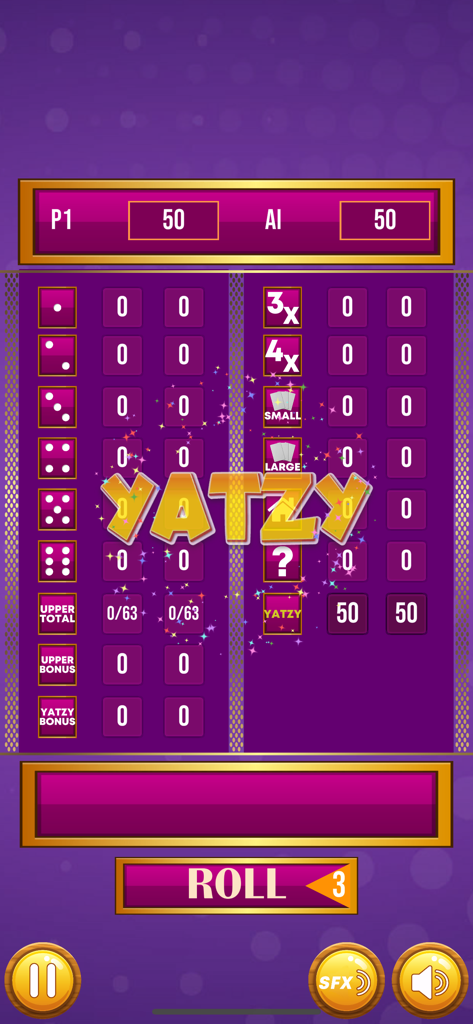 Yatzy - Offline Dice Game - Digital score sheet for Yatzy offline dice game showing player and AI scores.