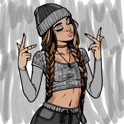realistic teenage girl with braids and a beanie and crop top doing 🫶🏼