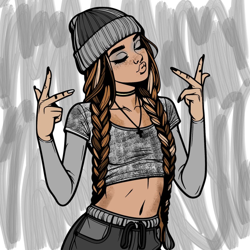 realistic teenage girl with braids and a beanie and crop top doing 🫶🏼