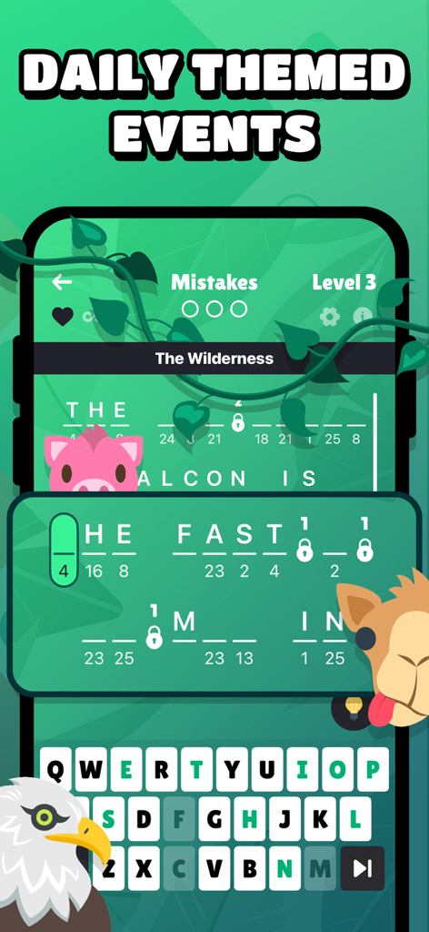 Interfaz del juego de puzles de palabras Cryptogram que muestra eventos temáticos diarios y un nivel de naturaleza con personajes animales