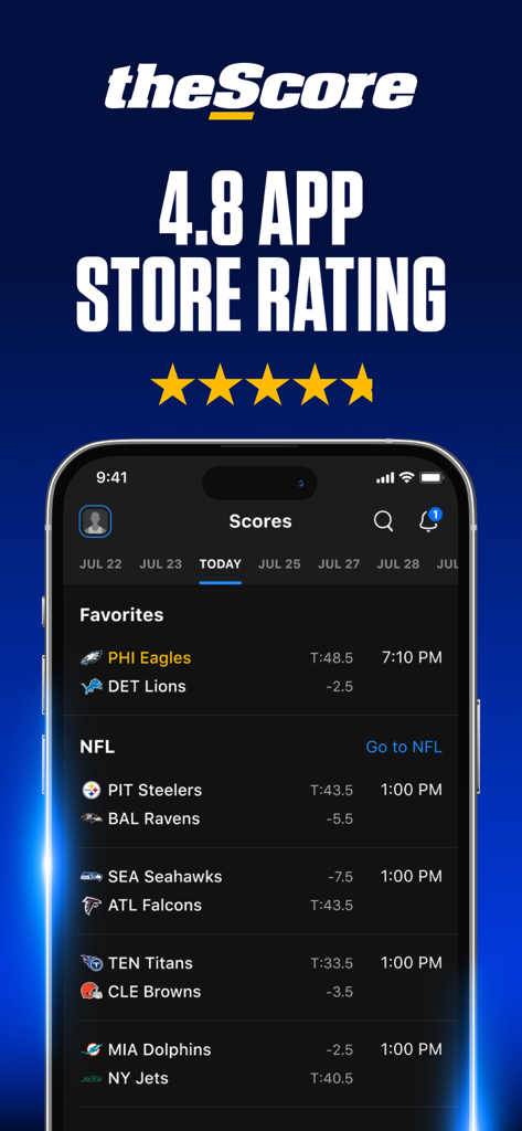 theScore sports app showing a 4.8 App Store rating and live NFL scores