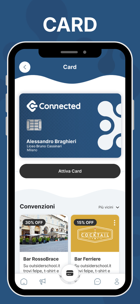 Interfaz de la aplicación Connected que muestra una tarjeta de identificación de estudiante digital y descuentos locales.