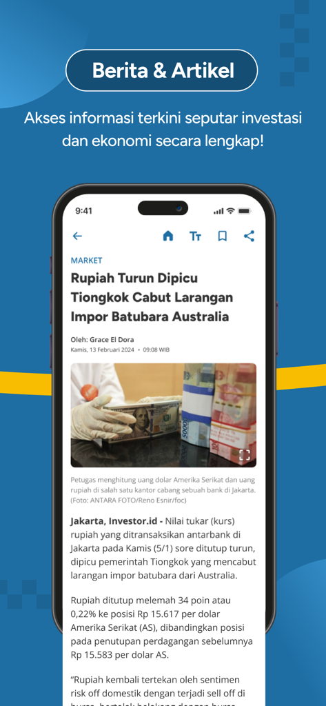 La aplicación móvil Investor Daily muestra un artículo de noticias de mercado sobre divisas y comercio en la pantalla de un smartphone.