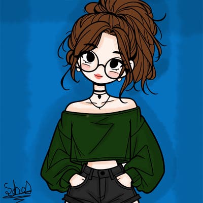 girl with a messy ponytail glasses a baggy crop top and jean shorts