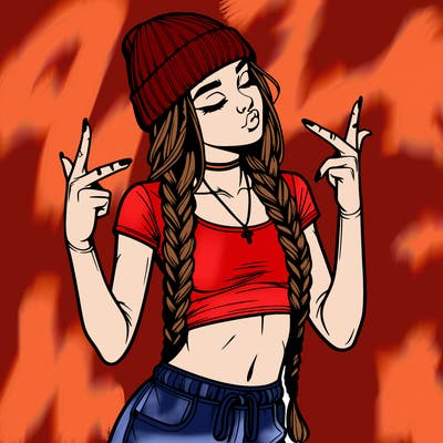 realistic teenage girl with braids and a beanie and crop top doing 🫶🏼