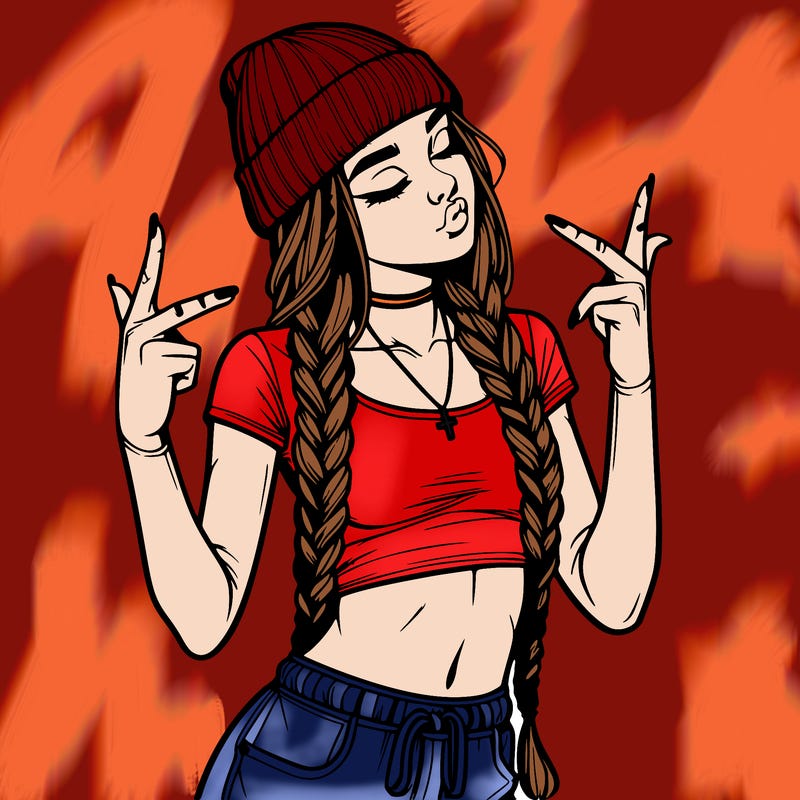 realistic teenage girl with braids and a beanie and crop top doing 🫶🏼