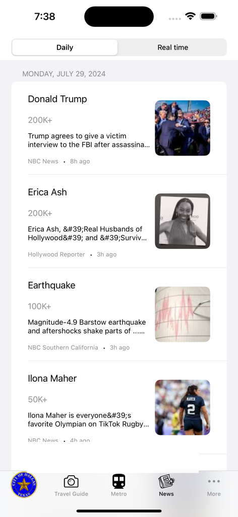 댈러스 가이드 및 지하철 노선도 앱의 뉴스 피드 섹션 스크린샷으로, 인기 있는 지역 및 전국 뉴스 주제를 표시합니다.