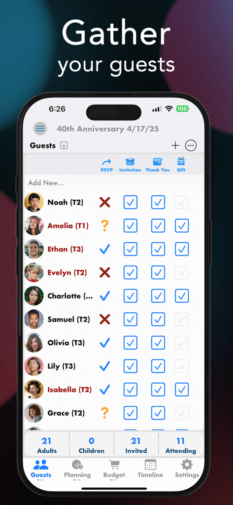 Pro Party Planner - Pro Party Planner app interface showing guest list management with RSVP tracking and table assignments
