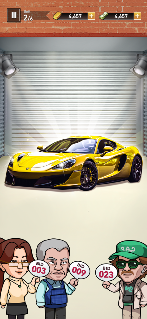 Bid Master - Bidding on a yellow luxury sports car in a storage warehouse auction