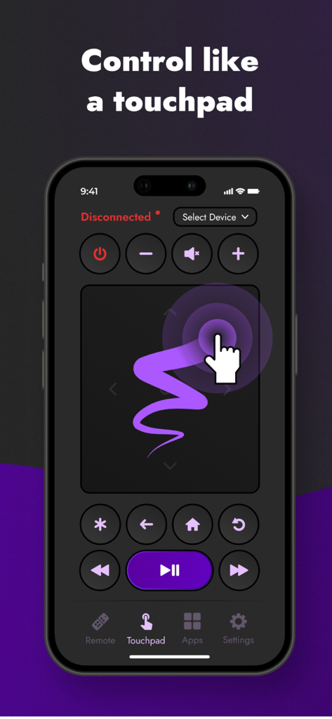 TV Remote for Roku: Smart app - Un smartphone mostrando la interfaz del panel táctil de la aplicación de control remoto de TV Roku para navegación basada en gestos.