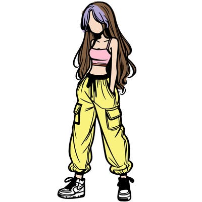 girl in baggy pants crop top and long hair