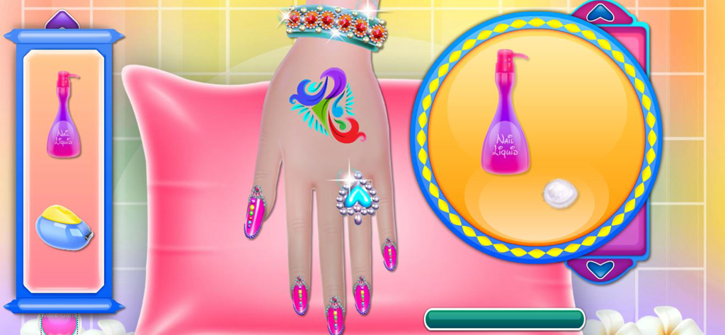 Mano decorada con uñas rosas y joyas en una simulación de salón de uñas