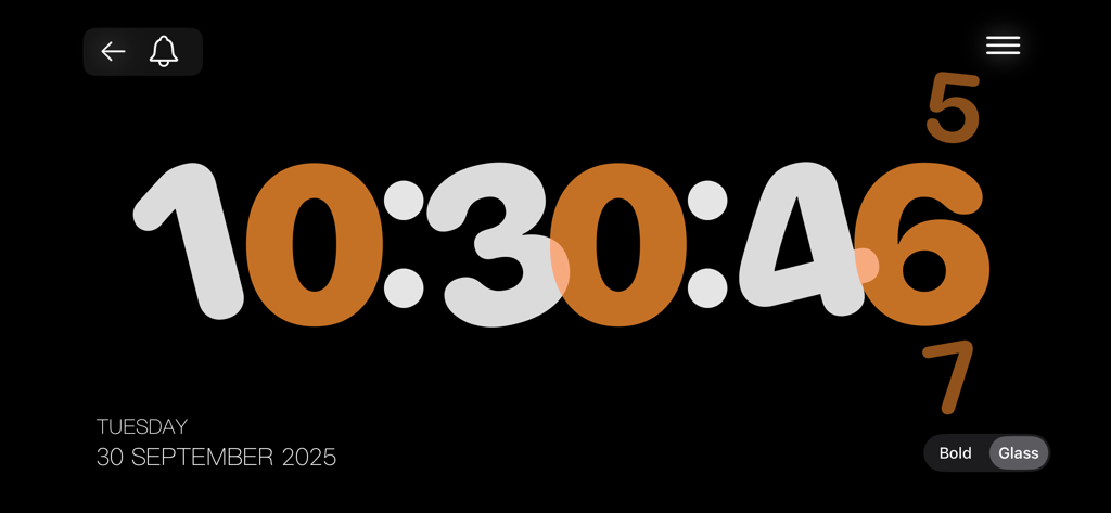 Big Clock - Pro Time Widgets - Um relógio digital em tela cheia em modo paisagem com tipografia branca e laranja ousada em um fundo escuro.
