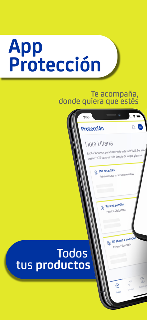 Protección - IPhone showing the Protección app dashboard with pension and severance fund management options