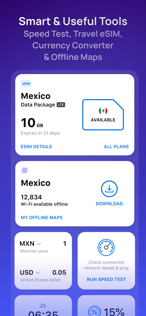 Interfaz de la aplicación WiFi Map que muestra funciones de viaje como paquetes de datos eSIM, mapas offline, convertidor de divisas y herramienta de prueba de velocidad.