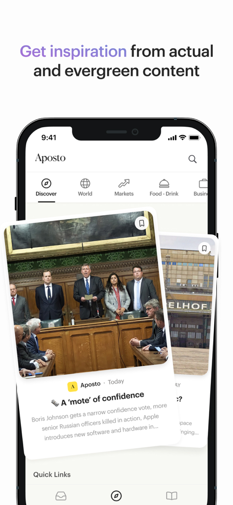 Aposto - Aposto app discovery screen showcasing curated news articles and categories like world and markets