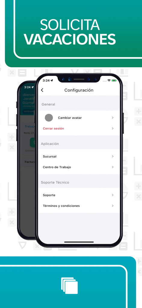 Menú de configuración de Facture App Nómina y función de solicitud de vacaciones