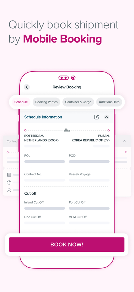 Review booking screen in the Ocean Network Express mobile app showing shipment schedule details from Rotterdam to Pusan.