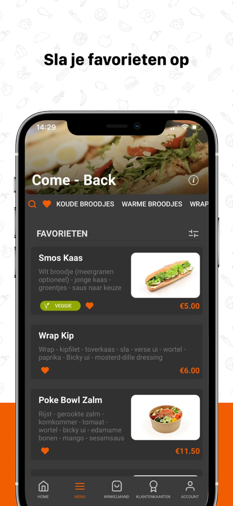 Come - Back - Captura de pantalla de la pantalla de menú de favoritos de la aplicación Come - Back que muestra elementos del menú como un sándwich y un poke bowl