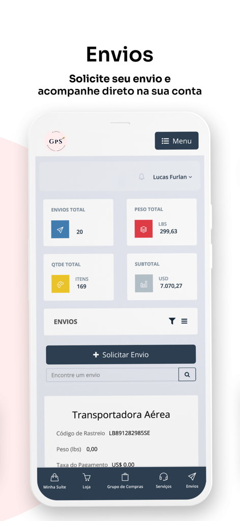 Une capture d'écran de l'écran de gestion des expéditions de l'application GPS affichant les informations de suivi et les statistiques d'expédition