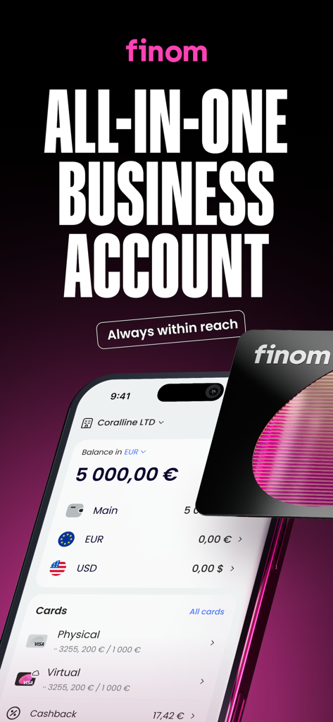 Finom mobile App-Oberfläche, die ein Geschäftskonto mit Euro- und US-Dollar-Wallets und Kartenverwaltung zeigt