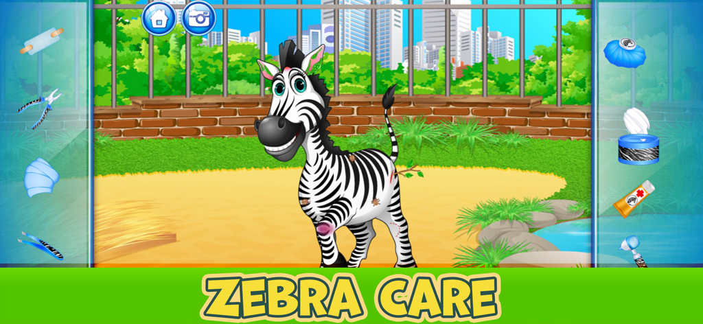 Zoo Animal Care Adventure Game - A cartoon zebra in a zoo enclosure with medical tools on the screen for a care mini-game.