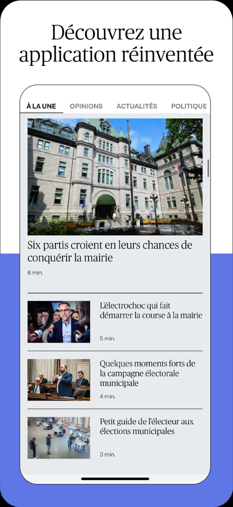 Aplicação Le Devoir Mobile a mostrar o feed de notícias principal com artigos sobre política e eleições locais
