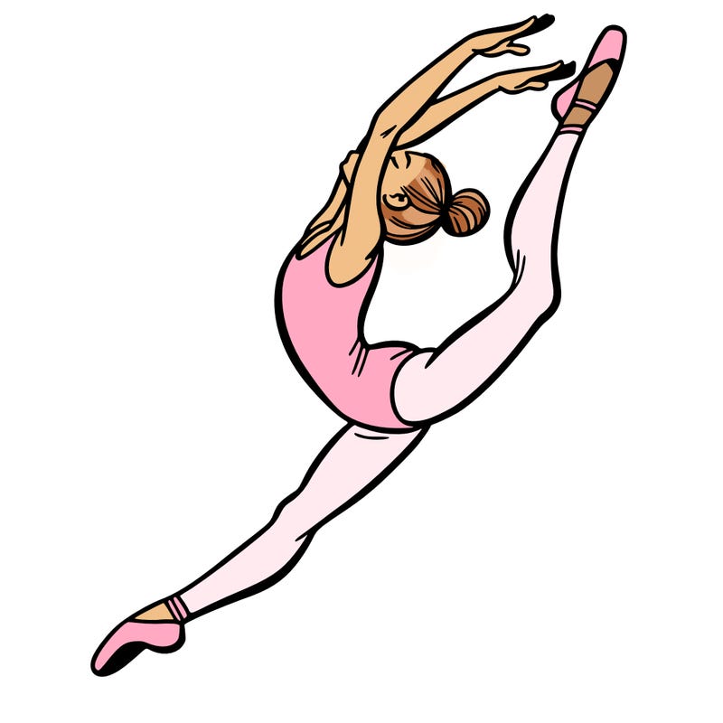 gymnast doing a leap in a leotard with a bent back leg