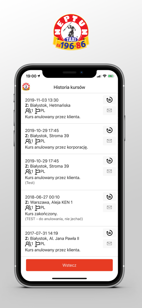 Neptun Taxi Gdańsk 19686 - Interface da aplicação móvel exibindo o histórico de viagens do Neptun Taxi Gdansk