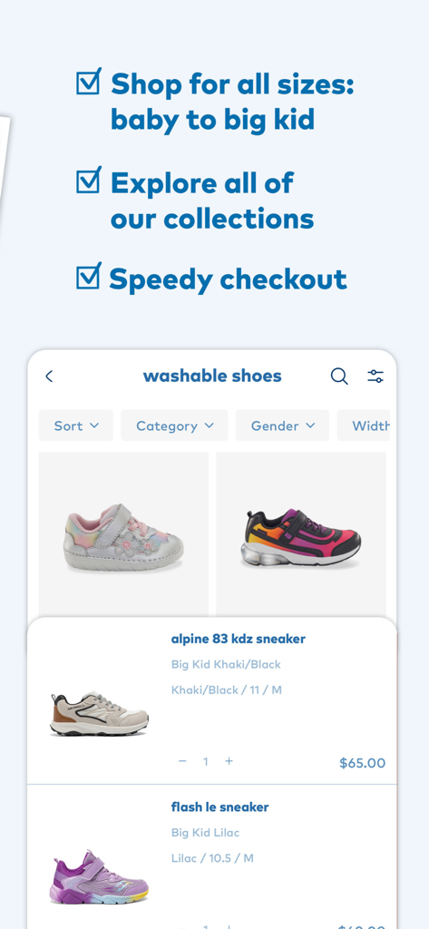 Stride Rite: Kids Shoes - Stride Rite mobile app screen showing a variety of washable kids shoes with easy search and checkout features
