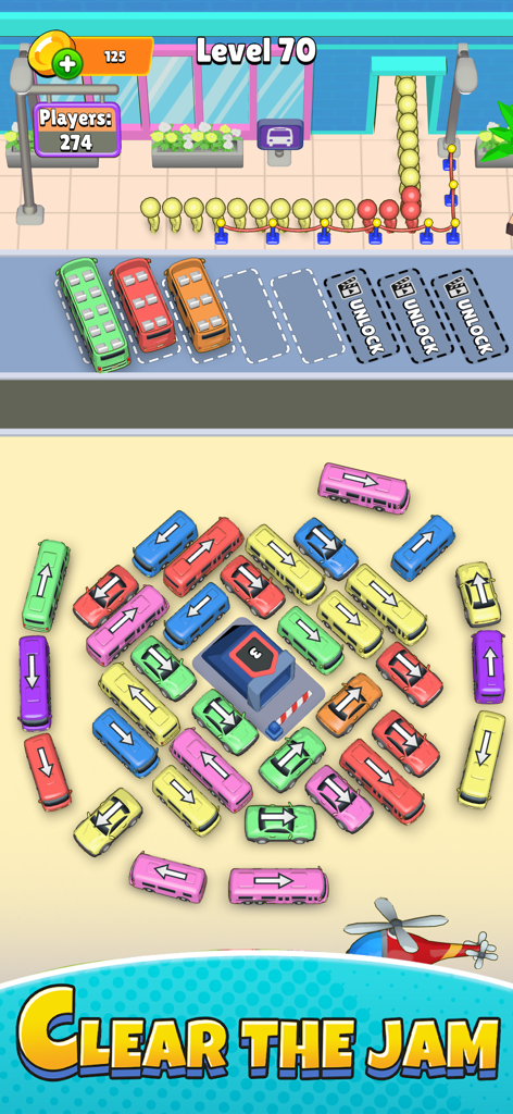 Tidy Bus 3D -Traffic Puzzle GO - Pantalla de puzle de Tidy Bus 3D que muestra un nivel donde los jugadores deben despejar un atasco de autobuses y coches de colores
