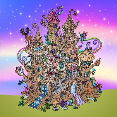 a large fairy home with a lot of detail, magic, forest friends, fairies