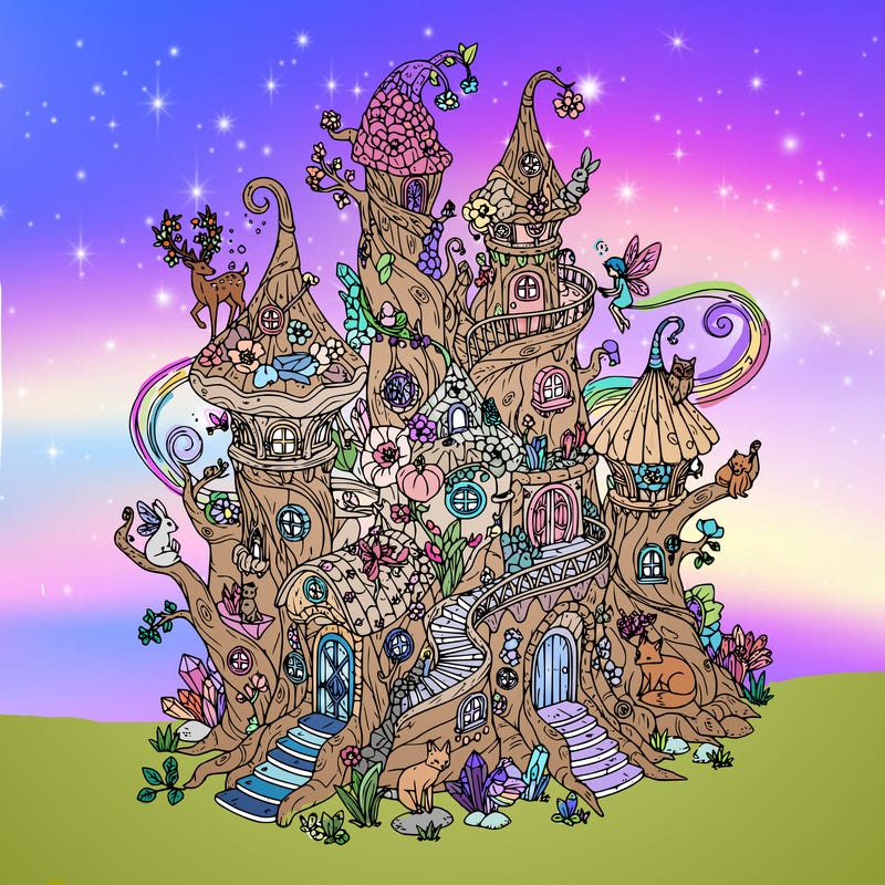 a large fairy home with a lot of detail, magic, forest friends, fairies