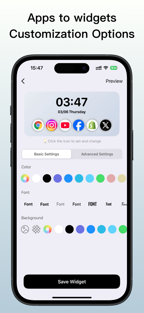 Launcher x – Quick App Widgets - Interface para personalizar widgets de lançador de aplicativos com opções de cor, fonte e plano de fundo