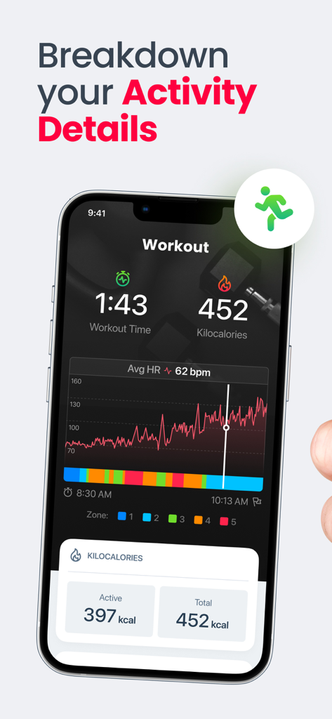 Heartify app interface showing workout duration heart rate graph and calories burned