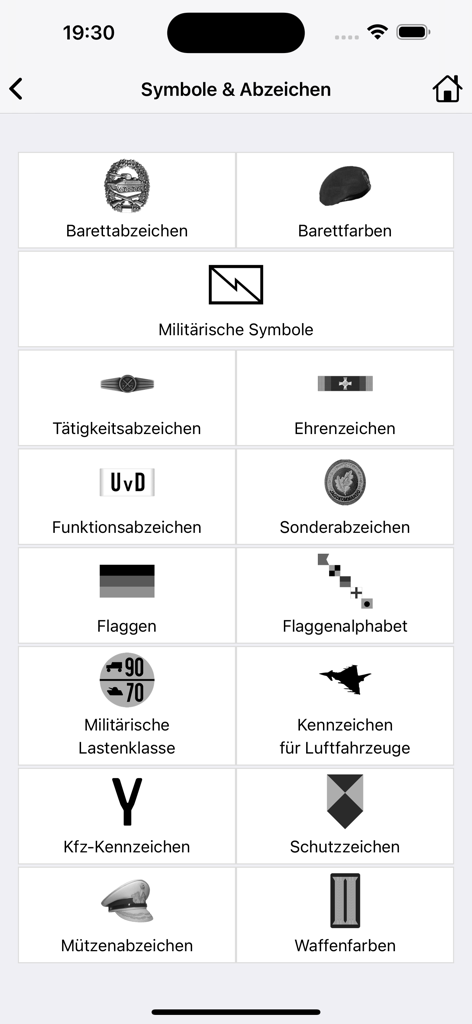 BLexi – Bundeswehr-Lexikon - Menu screen of the BLexi app displaying various military symbols and badges categories for the German Armed Forces
