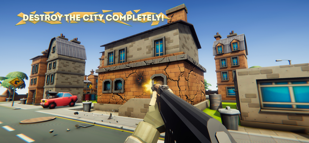 Destruction Simulator: Crashes - First person view of a player shooting at a building in a low poly city destruction simulator