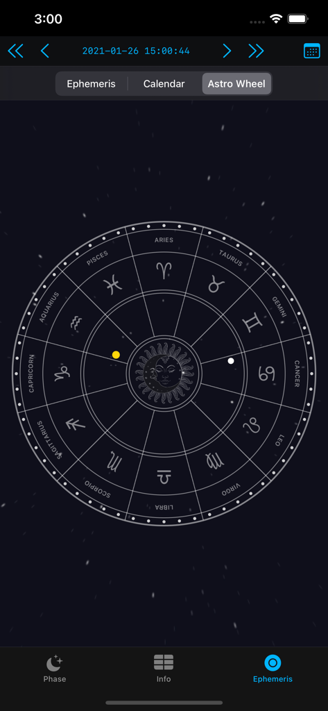 Una rueda astrológica en la aplicación LunarSight que muestra las posiciones de la luna y el sol dentro de los signos del zodíaco.