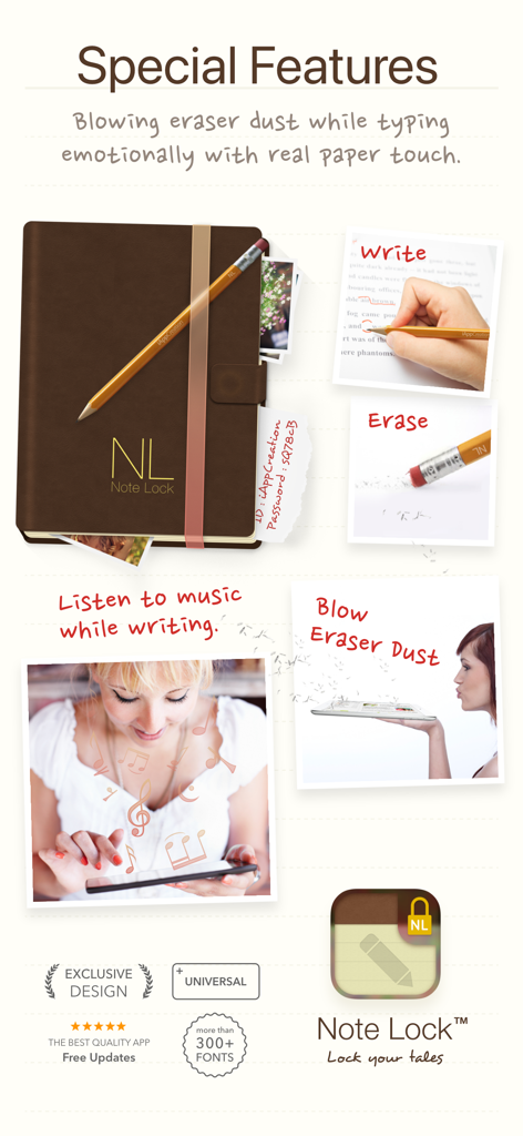 Note Lock~Lock your Tales Safe - Präsentation der speziellen Funktionen der Note Lock App, einschließlich Bleistiftanimationen, Radiergummi-Staubeffekt und Musikwiedergabe beim Schreiben