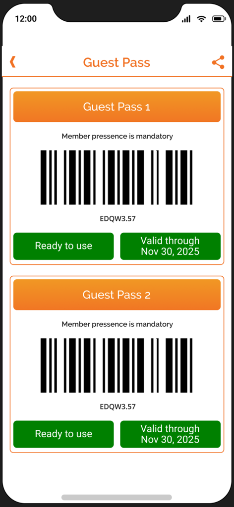 Two digital guest passes with barcodes and expiration dates