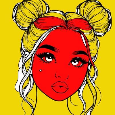 realistic girl with two buns on her hair and lips