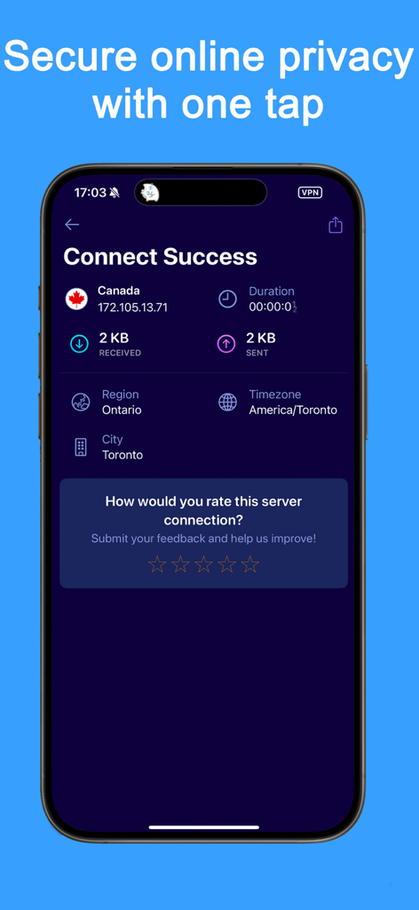 VPN Proxy Fast - Super VPN - Schermata dello smartphone che mostra una connessione VPN riuscita a un server in Canada con stato della privacy e dettagli della connessione.