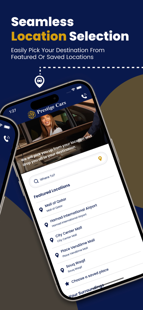 Prestige Cars app showing destination selection for luxury travel in Qatar with featured locations like Hamad International Airport