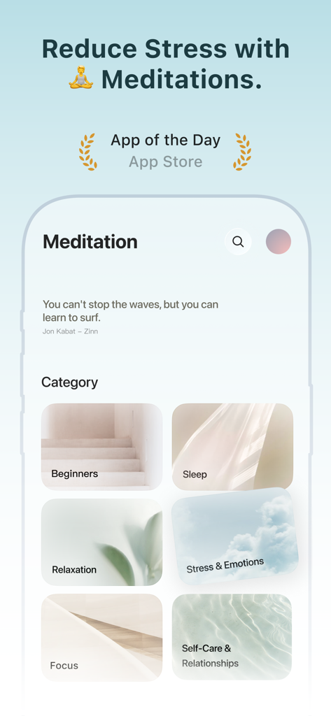 TIDE: Sleep, Focus, Meditation - Tide app meditation screen displaying categories for sleep focus and stress relief