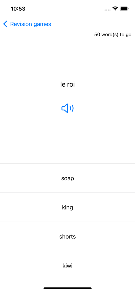 Multiple choice vocabulary revision game in WordTheme app showing a French word and translation options