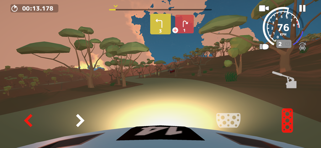N3Rally - A first person view of a rally car racing through a savannah at sunset