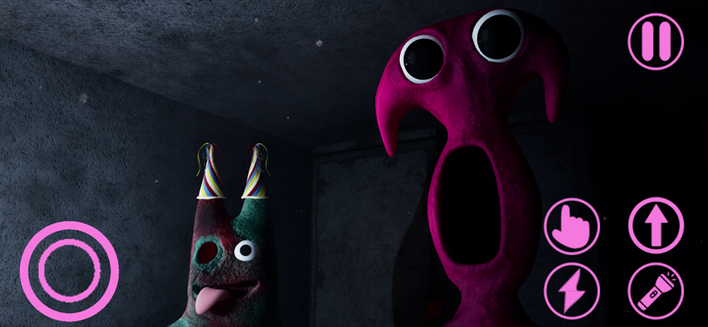Gameplay screenshot of Garten of Banban 8 featuring a tall pink monster and a character with party hats in a dark setting with pink UI icons.