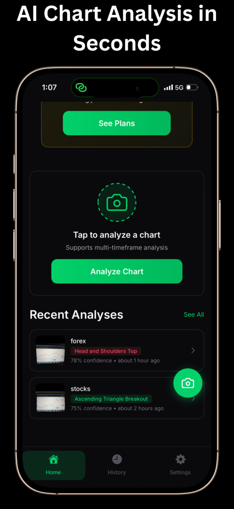 Chart AI: Trading Assistance - Home screen of the Chart AI trading app featuring an Analyze Chart button and a list of recent technical analyses for forex and stocks.
