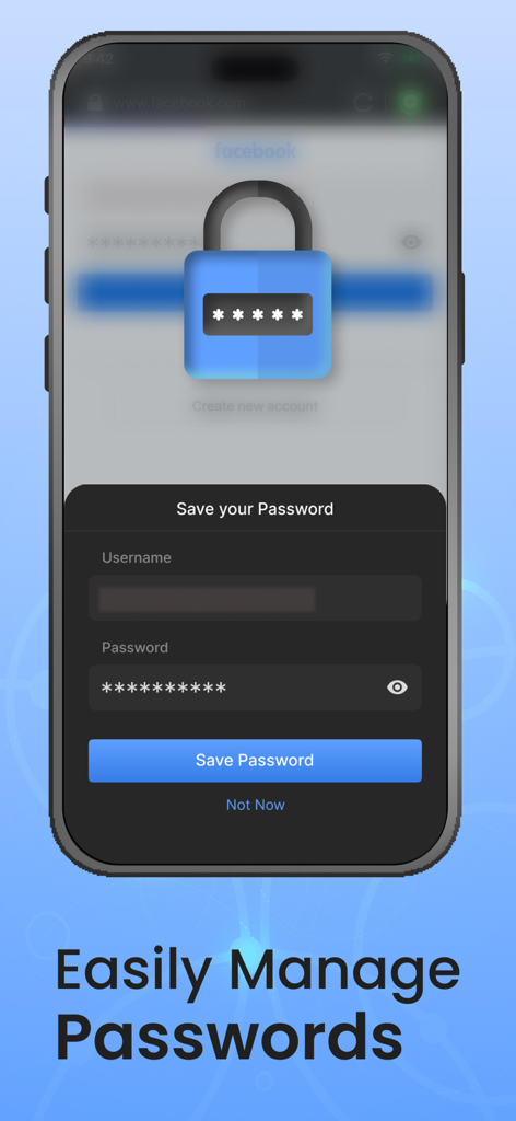 Private Browser,Incognito VPN - Eine mobile Oberfläche der Private Browser-App, die eine sichere Passwort-Speicheraufforderung mit einem Schloss-Symbol anzeigt.