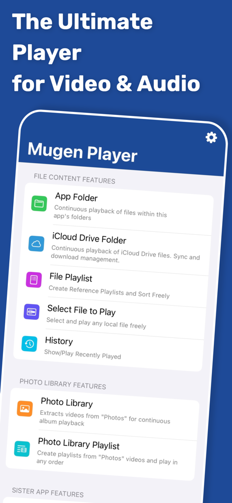 Mugen Player - Interface do app Mugen Player mostrando conteúdo de arquivos e recursos de reprodução da biblioteca de fotos